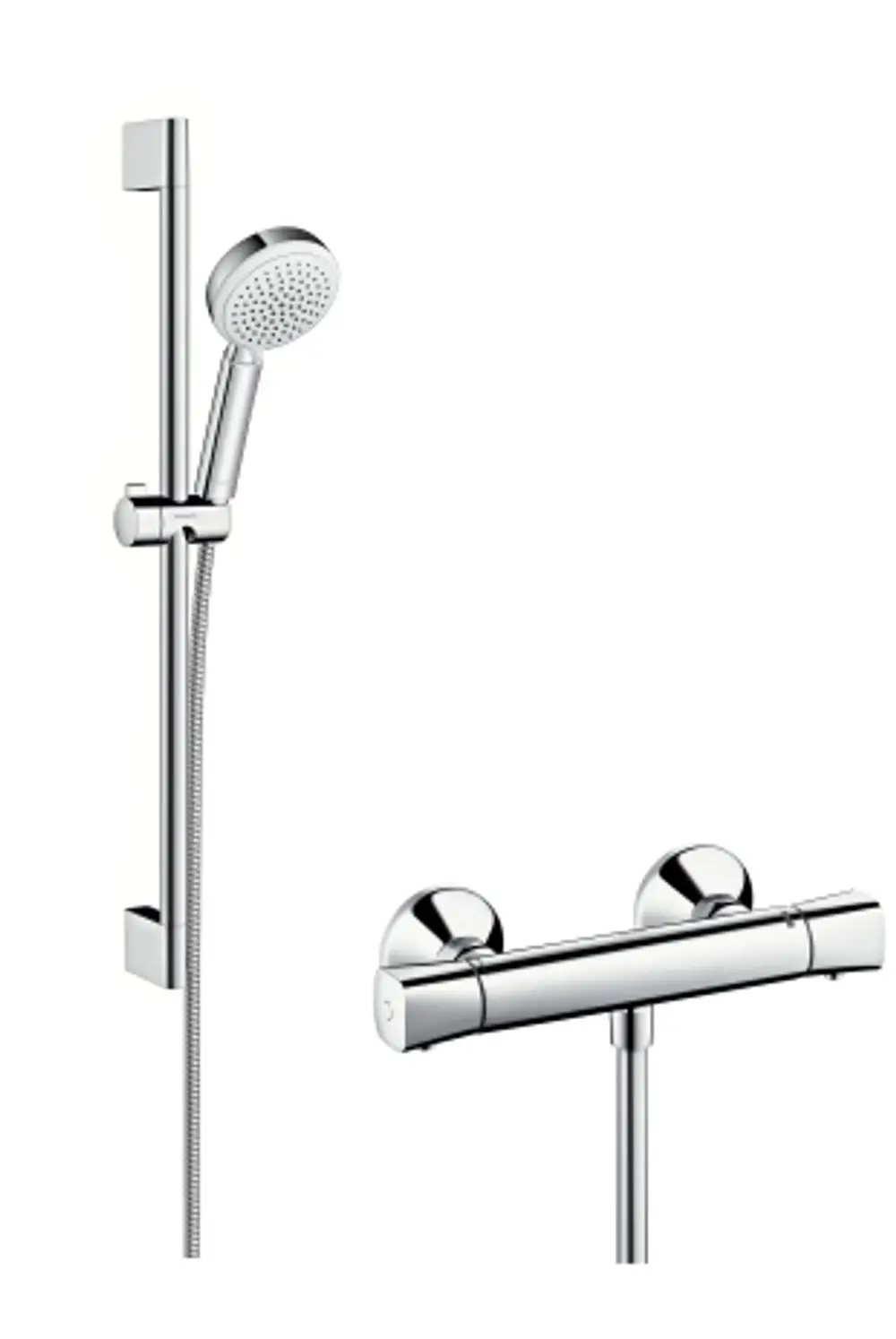 Brausesystem von Hansgrohe mit Handbrause und Thermostat. In Chrom und Weiß gehalten, inklusive Brausestange. Geeignet für Wandmontage.